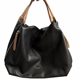 Furla Black and Tan Leather Hobo Bag
